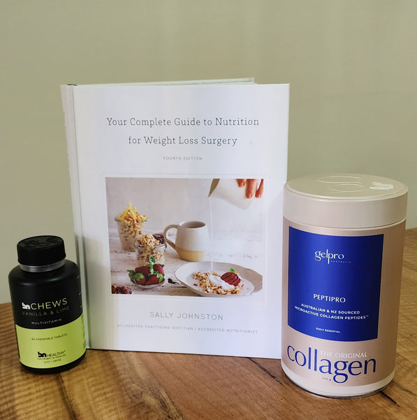 Basic Starter Kit - Multivitamin (lime or orange chewable), Collagen Powder + Complete Guide to Nutrition for Weight Loss Surgery Book