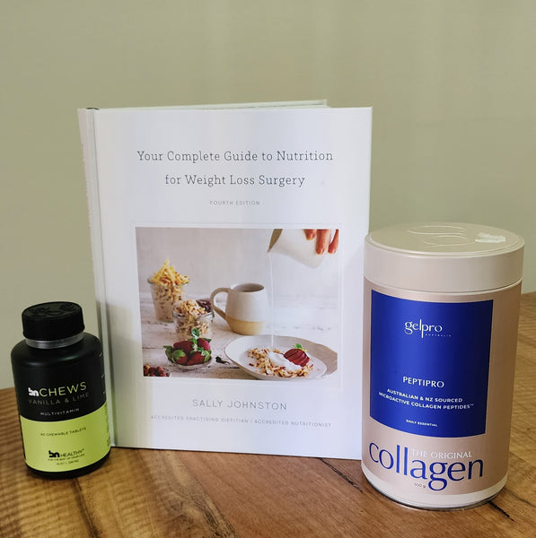 Basic Starter Kit - Multivitamin (lime or orange chewable), Collagen Powder + Complete Guide to Nutrition for Weight Loss Surgery Book