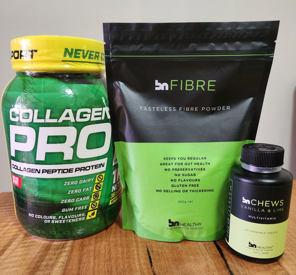 Essentials Starter Kit 2 - BN Chewable Multivitamins, Cyborg Collagen Non-Flavoured Protein Powder & BN Fibre