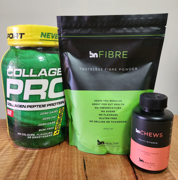 Essentials Starter Kit 2 - BN Chewable Multivitamins, Cyborg Collagen Non-Flavoured Protein Powder & BN Fibre