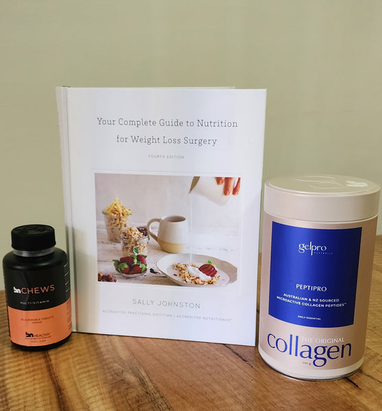 Basic Starter Kit - Multivitamin (lime or orange chewable), Collagen Powder + Complete Guide to Nutrition for Weight Loss Surgery Book