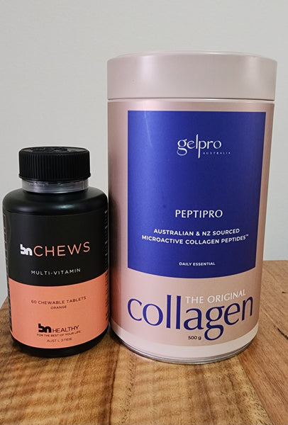 Basic Starter Kit: BN Chewable Multivitamins (Vanilla Lime or Orange) & Gelpro Peptipro Collagen Protein Pack